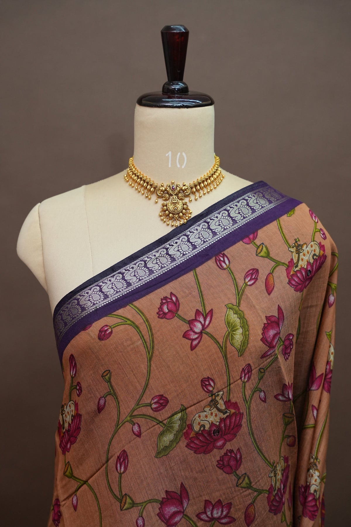 Chanderi Cotton Saree with Kalamkari Prints & Embroidered Pallu – Peach & Purple