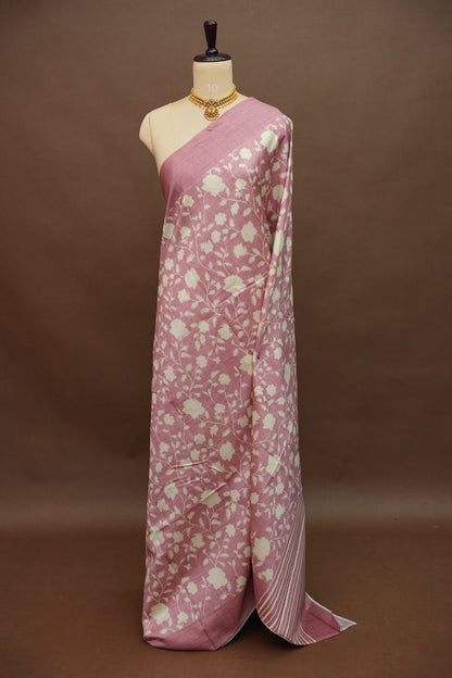 Semi Raw Silk Saree – Blush Pink Floral Elegance
