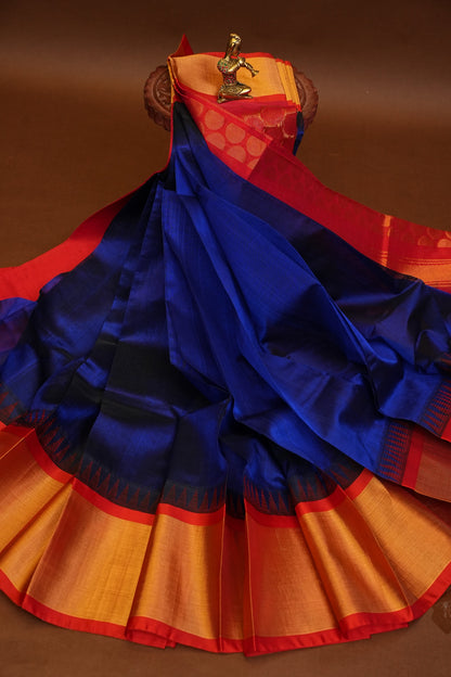 Pure Kuppadam Korvai Silk Cotton Pattu Saree-Royal Blue & Red