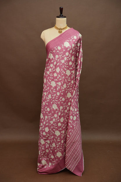 Semi Raw Silk Saree – Rose Pink Floral Elegance