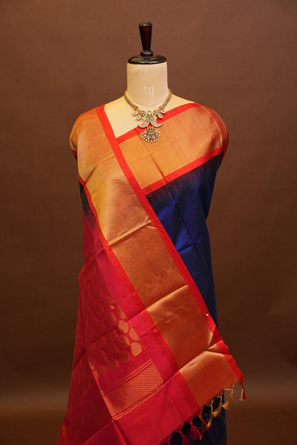 Pure Kuppadam Korvai Silk Cotton Pattu Saree-Royal Blue & Red