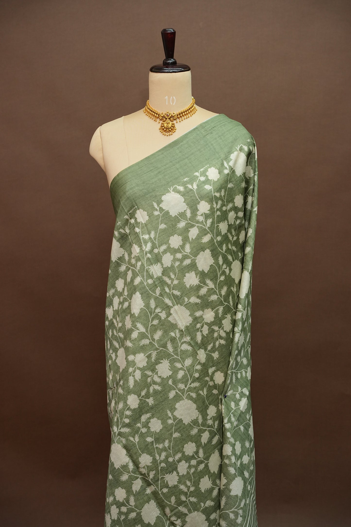 Semi Raw Silk Floral Saree – Sage Green