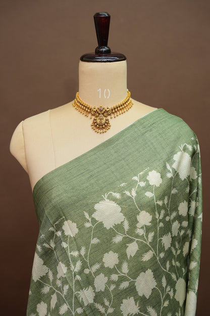 Semi Raw Silk Floral Saree – Sage Green