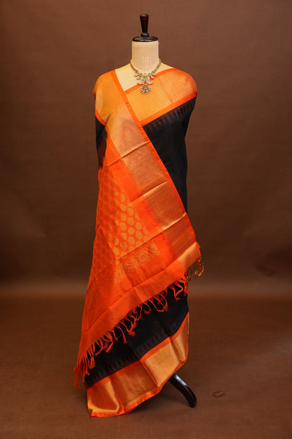 Pure Kuppadam Korvai Silk Cotton Pattu Saree-Black & Orange