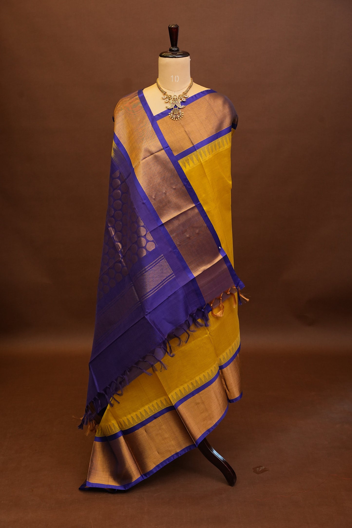 Pure Kuppadam Korvai Silk Cotton Pattu Saree-Golden Yellow & Blue