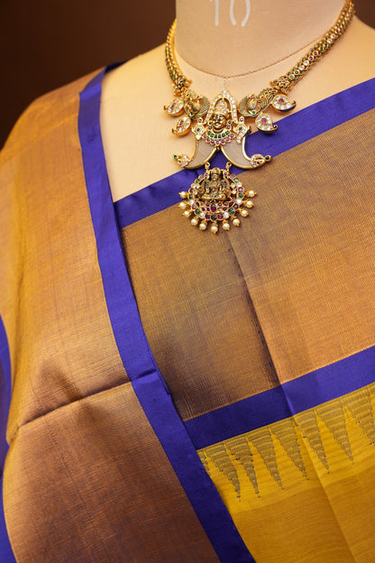 Pure Kuppadam Korvai Silk Cotton Pattu Saree-Golden Yellow & Blue