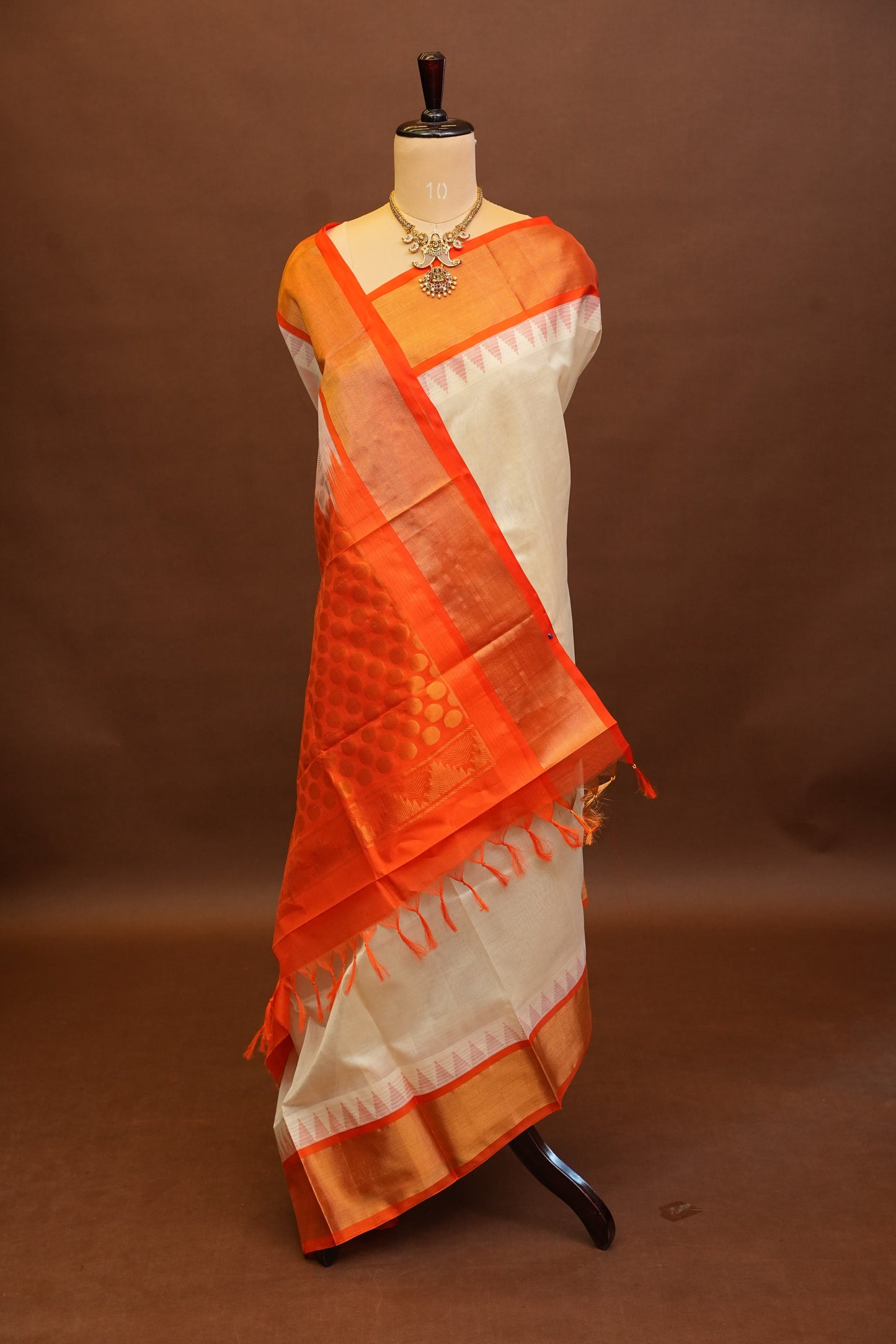 Pure Kuppadam Korvai Silk Cotton Pattu Saree-Ivory and Orange