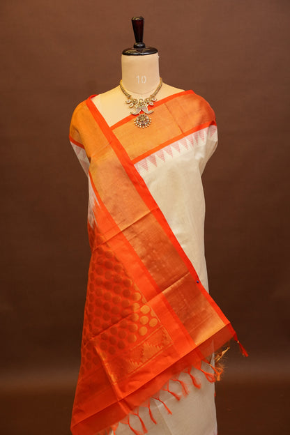Pure Kuppadam Korvai Silk Cotton Pattu Saree-Ivory and Orange