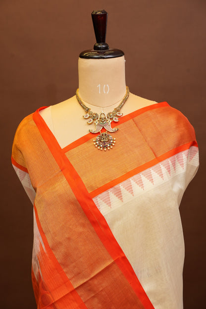 Pure Kuppadam Korvai Silk Cotton Pattu Saree-Ivory and Orange