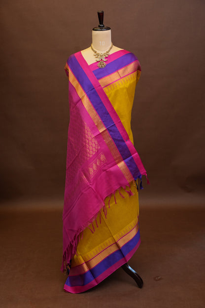 Pure Kuppadam Korvai Silk Cotton Pattu Saree-Yellow & Pink