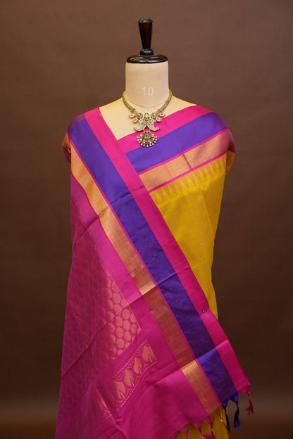 Pure Kuppadam Korvai Silk Cotton Pattu Saree-Yellow & Pink