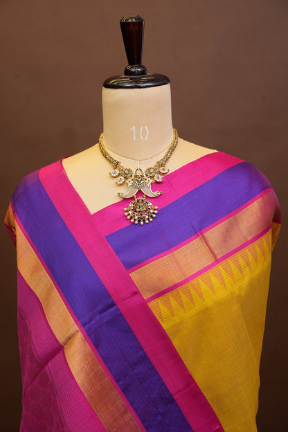 Pure Kuppadam Korvai Silk Cotton Pattu Saree-Yellow & Pink