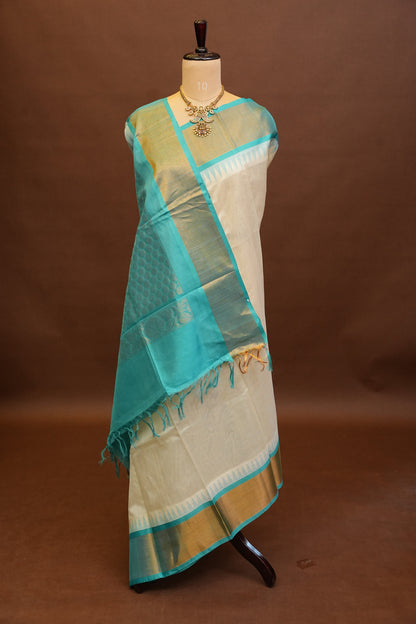 Pure Kuppadam Korvai Silk Cotton Pattu Saree-Ivory and Turquoise Green