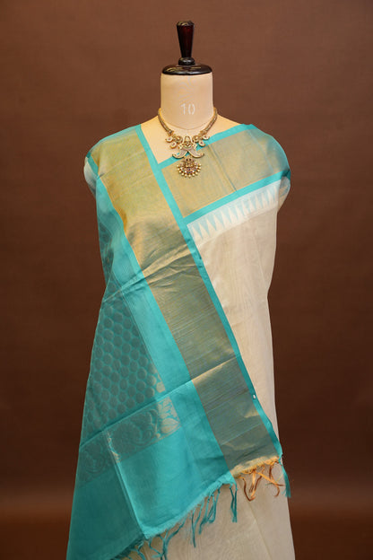 Pure Kuppadam Korvai Silk Cotton Pattu Saree-Ivory and Turquoise Green