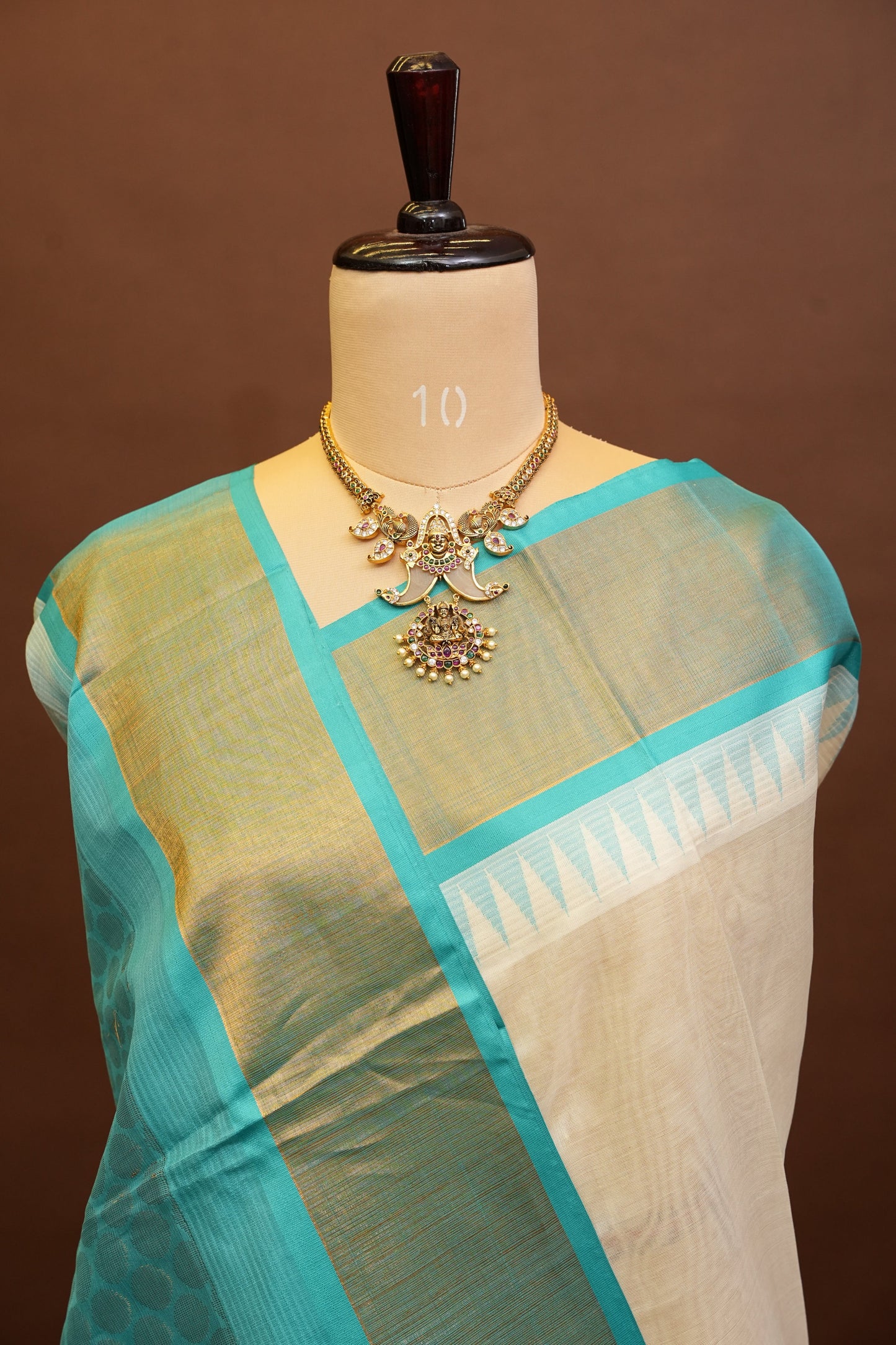 Pure Kuppadam Korvai Silk Cotton Pattu Saree-Ivory and Turquoise Green