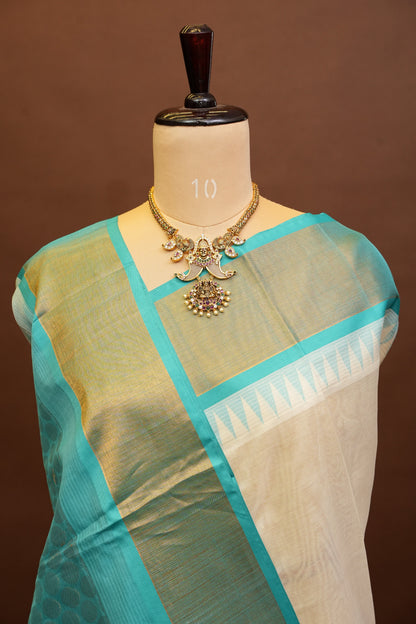 Pure Kuppadam Korvai Silk Cotton Pattu Saree-Ivory and Turquoise Green