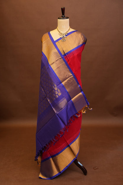 Pure Kuppadam Korvai Silk Cotton Pattu Saree-Red & Royal Blue