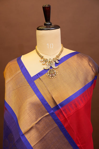 Pure Kuppadam Korvai Silk Cotton Pattu Saree-Red & Royal Blue