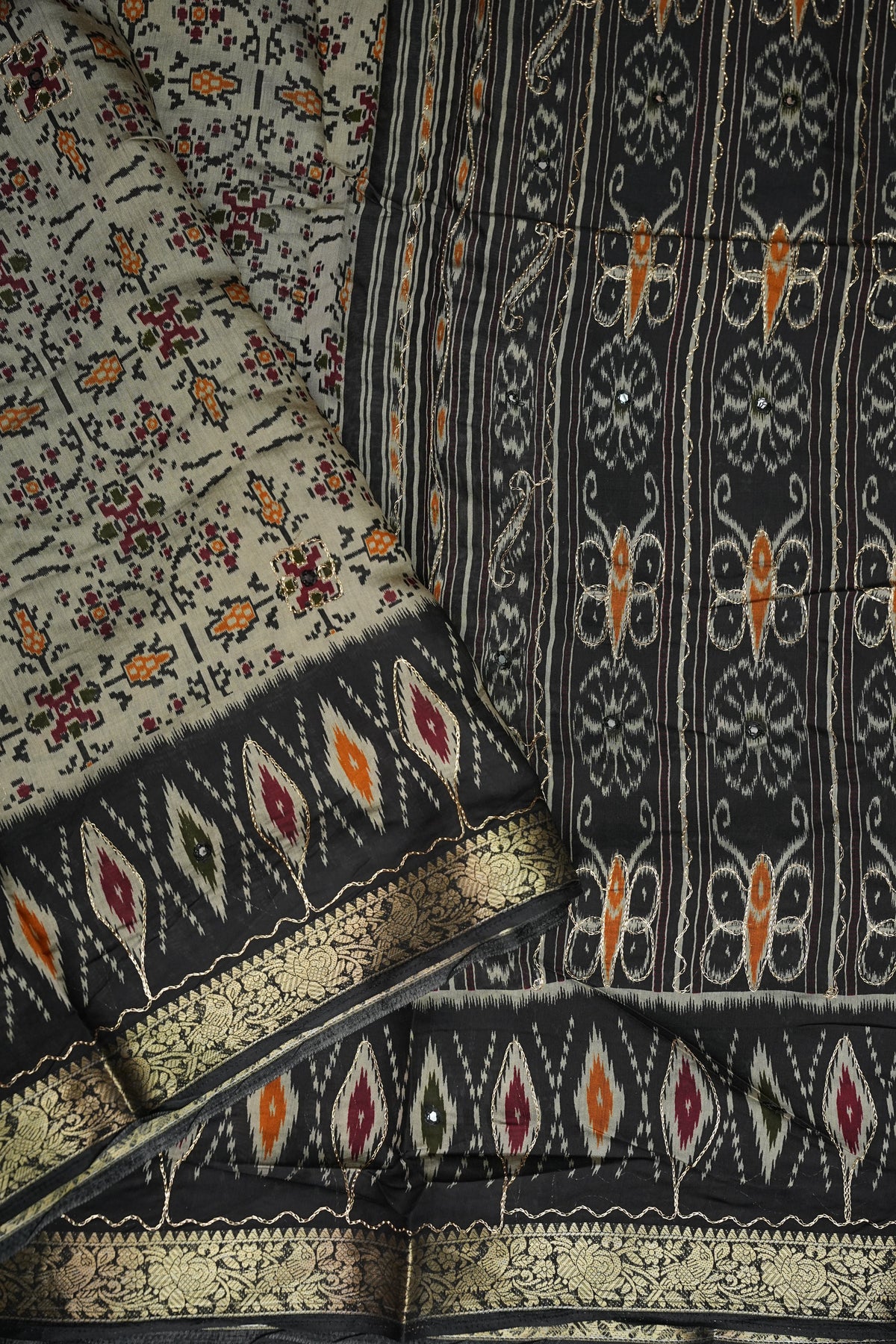 Chanderi Cotton Saree with Kalamkari Prints & Embroidered Pallu – Black & Ivory