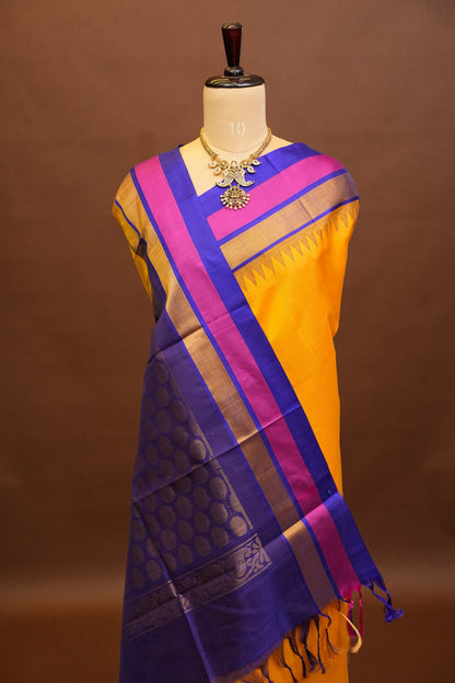 Pure Kuppadam Korvai Silk Cotton Pattu Saree-Yellow & Blue