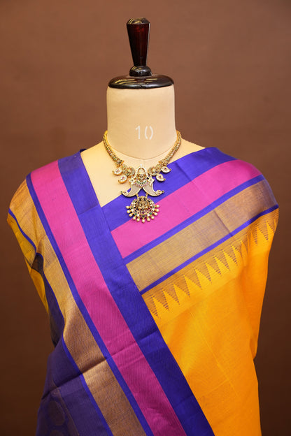 Pure Kuppadam Korvai Silk Cotton Pattu Saree-Yellow & Blue