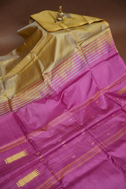 Vegan Saree with Temple Motifs & Contrast Magenta Pallu – Beige Gold