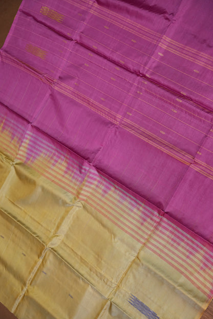 Vegan Saree with Temple Motifs & Contrast Magenta Pallu – Beige Gold