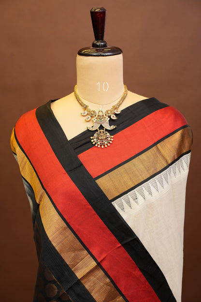 Pure Kuppadam Korvai Silk Cotton Pattu Saree-Ivory & Black