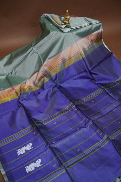 Vegan Saree with Temple Motifs & Contrast Royal Blue Pallu – Steel Blue