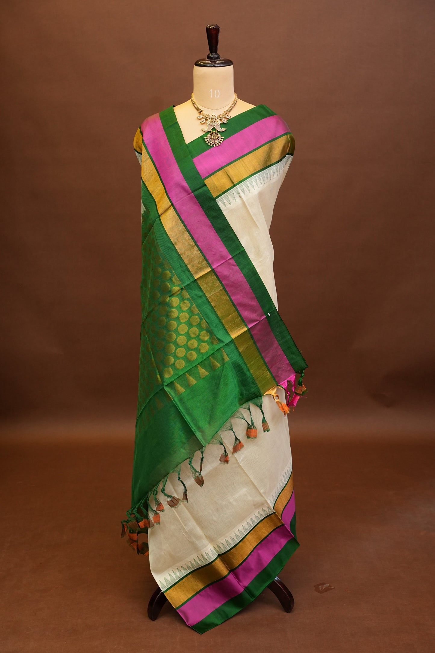 Pure Kuppadam Korvai Silk Cotton Pattu Saree-Ivory & Green