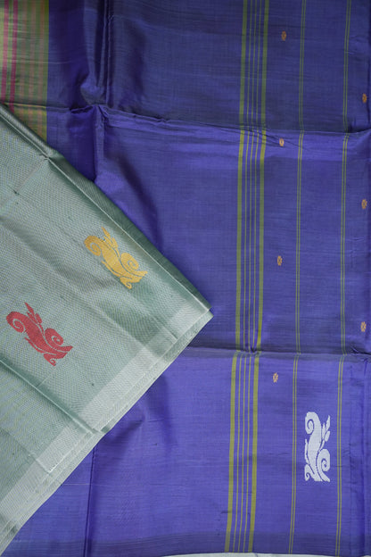 Vegan Saree with Temple Motifs & Contrast Royal Blue Pallu – Steel Blue