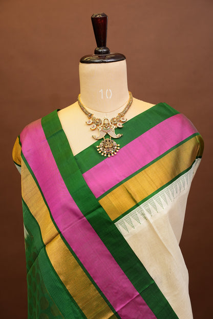 Pure Kuppadam Korvai Silk Cotton Pattu Saree-Ivory & Green