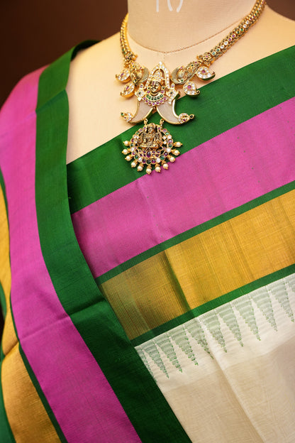 Pure Kuppadam Korvai Silk Cotton Pattu Saree-Ivory & Green