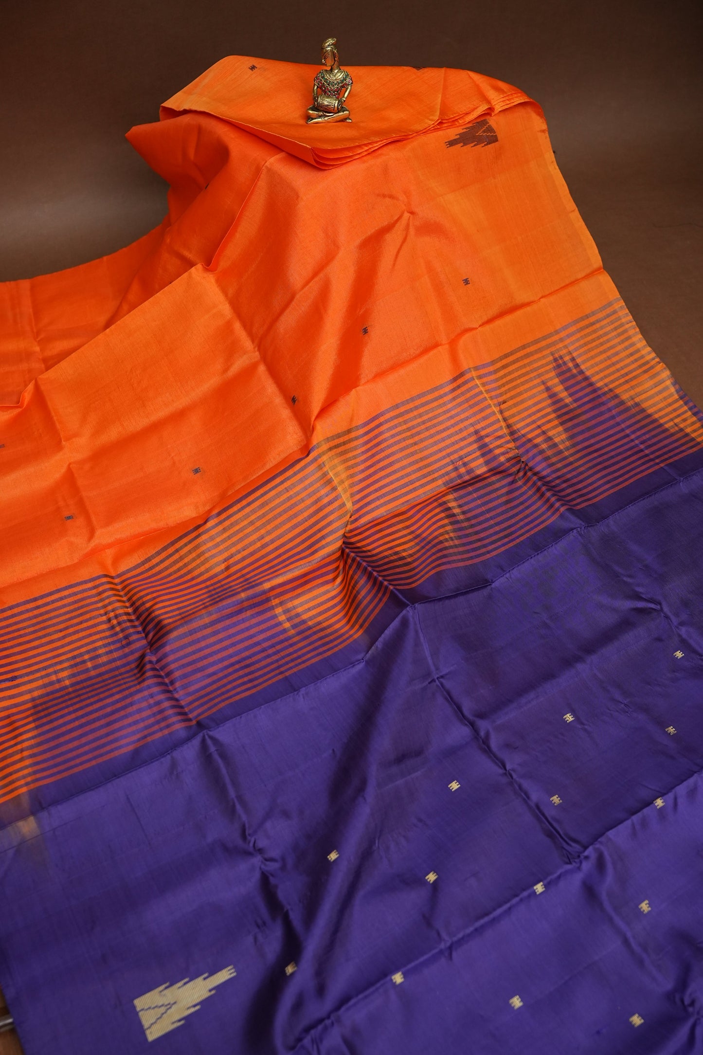 Orange Vegan Saree with Temple Motifs & Contrast Purple Pallu – Orange