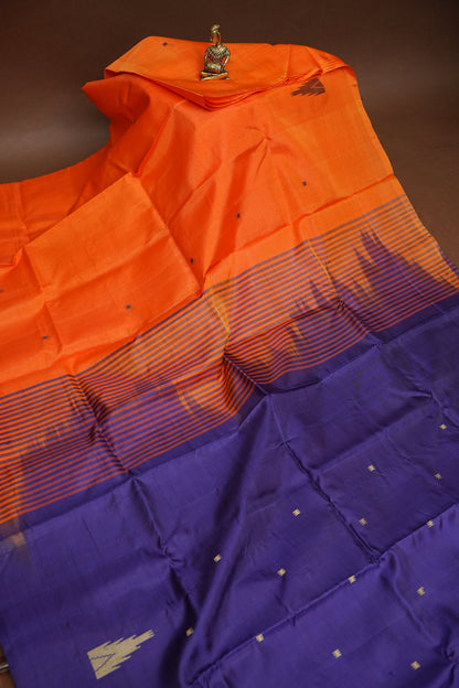 Orange Vegan Saree with Temple Motifs & Contrast Purple Pallu – Orange