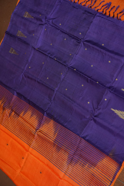 Orange Vegan Saree with Temple Motifs & Contrast Purple Pallu – Orange