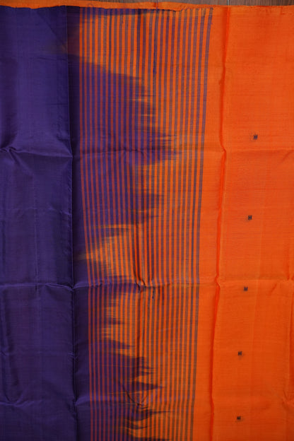 Orange Vegan Saree with Temple Motifs & Contrast Purple Pallu – Orange