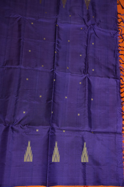 Orange Vegan Saree with Temple Motifs & Contrast Purple Pallu – Orange