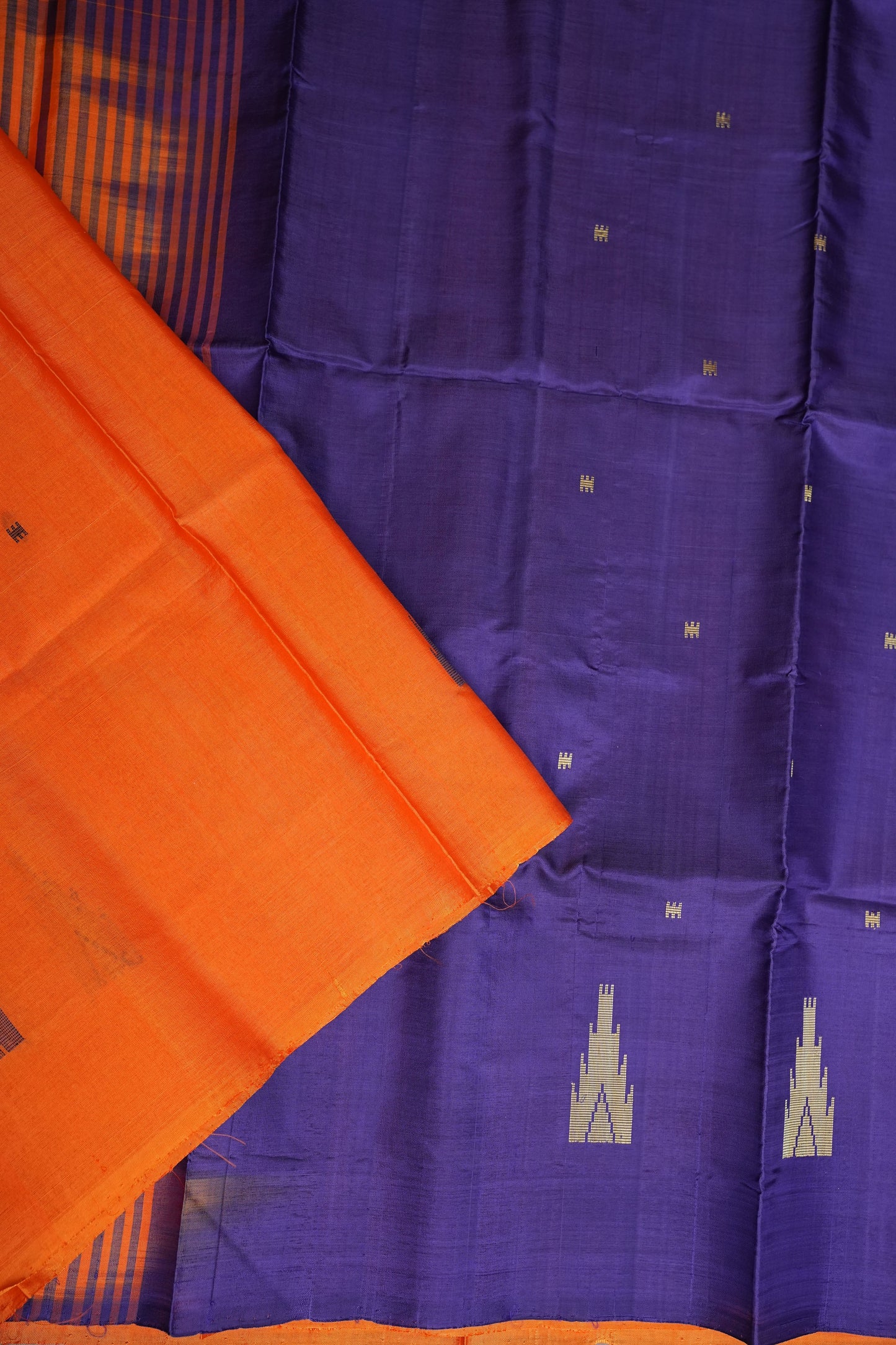 Orange Vegan Saree with Temple Motifs & Contrast Purple Pallu – Orange
