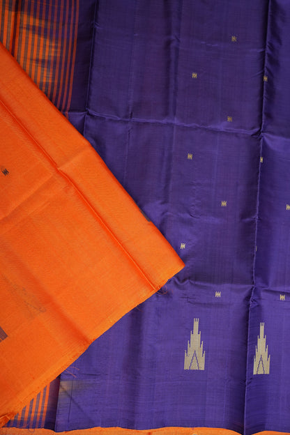 Orange Vegan Saree with Temple Motifs & Contrast Purple Pallu – Orange