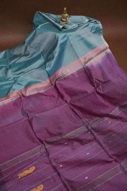 Vegan Saree with Woven Bird Motifs – Sky Blue & Purple