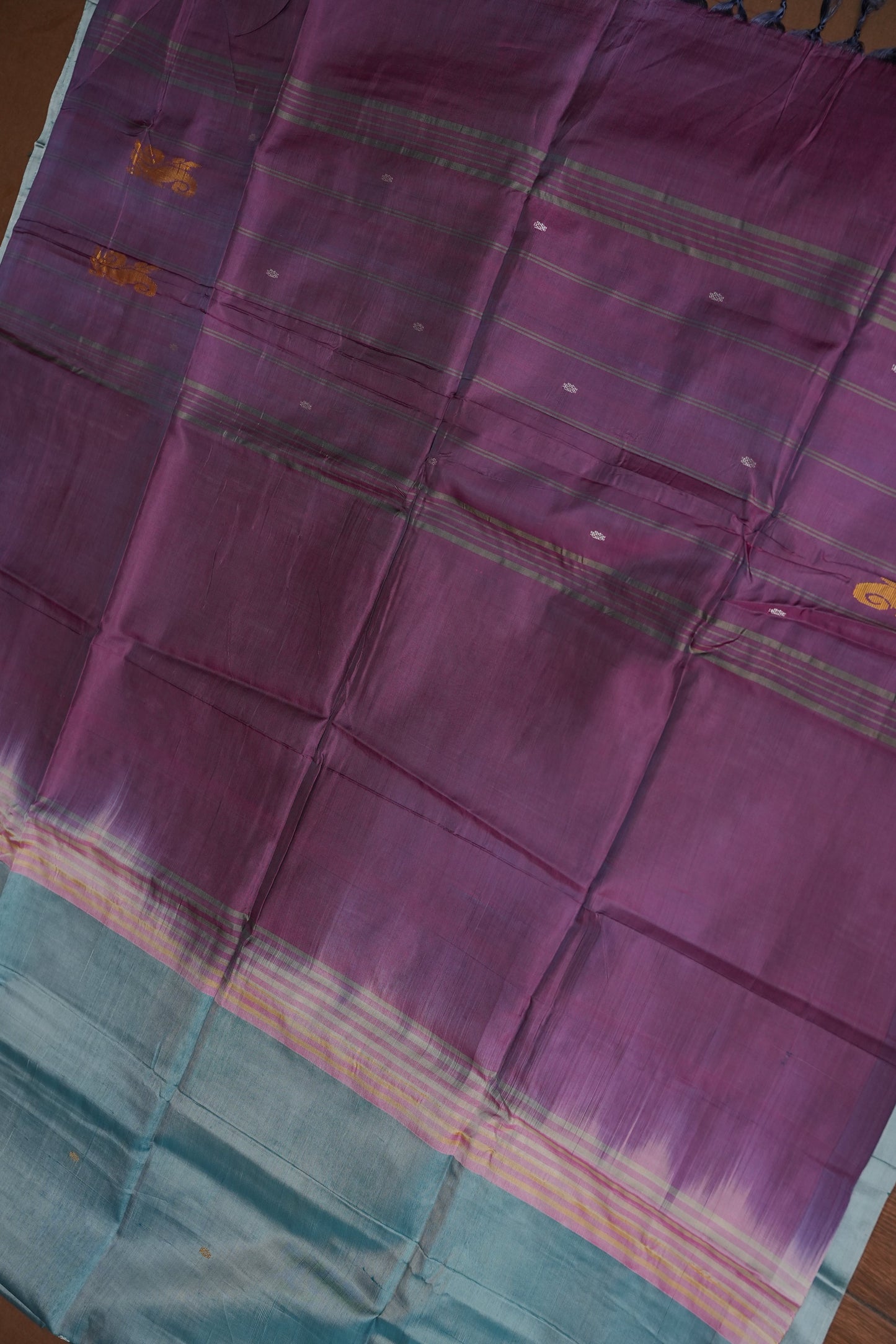 Vegan Saree with Woven Bird Motifs – Sky Blue & Purple