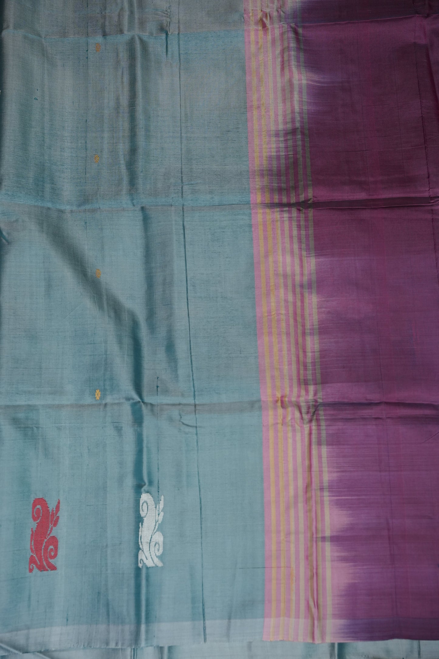 Vegan Saree with Woven Bird Motifs – Sky Blue & Purple