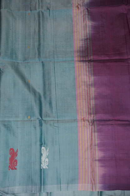 Vegan Saree with Woven Bird Motifs – Sky Blue & Purple