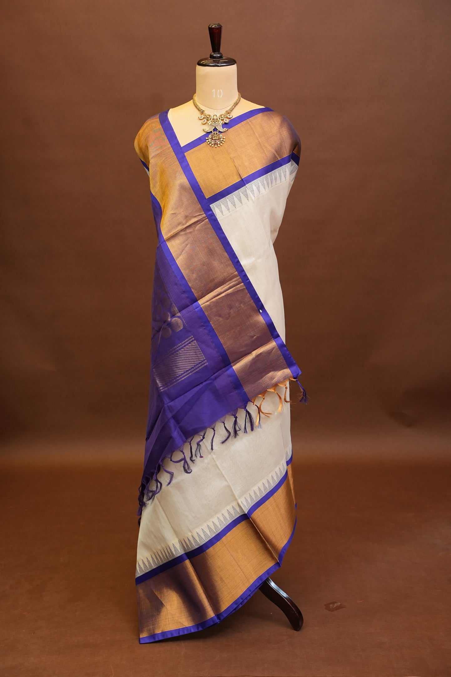 Pure Kuppadam Korvai Silk Cotton Pattu Saree-Ivory & Royal Blue