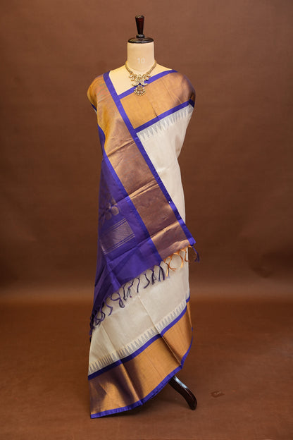Pure Kuppadam Korvai Silk Cotton Pattu Saree-Ivory & Royal Blue