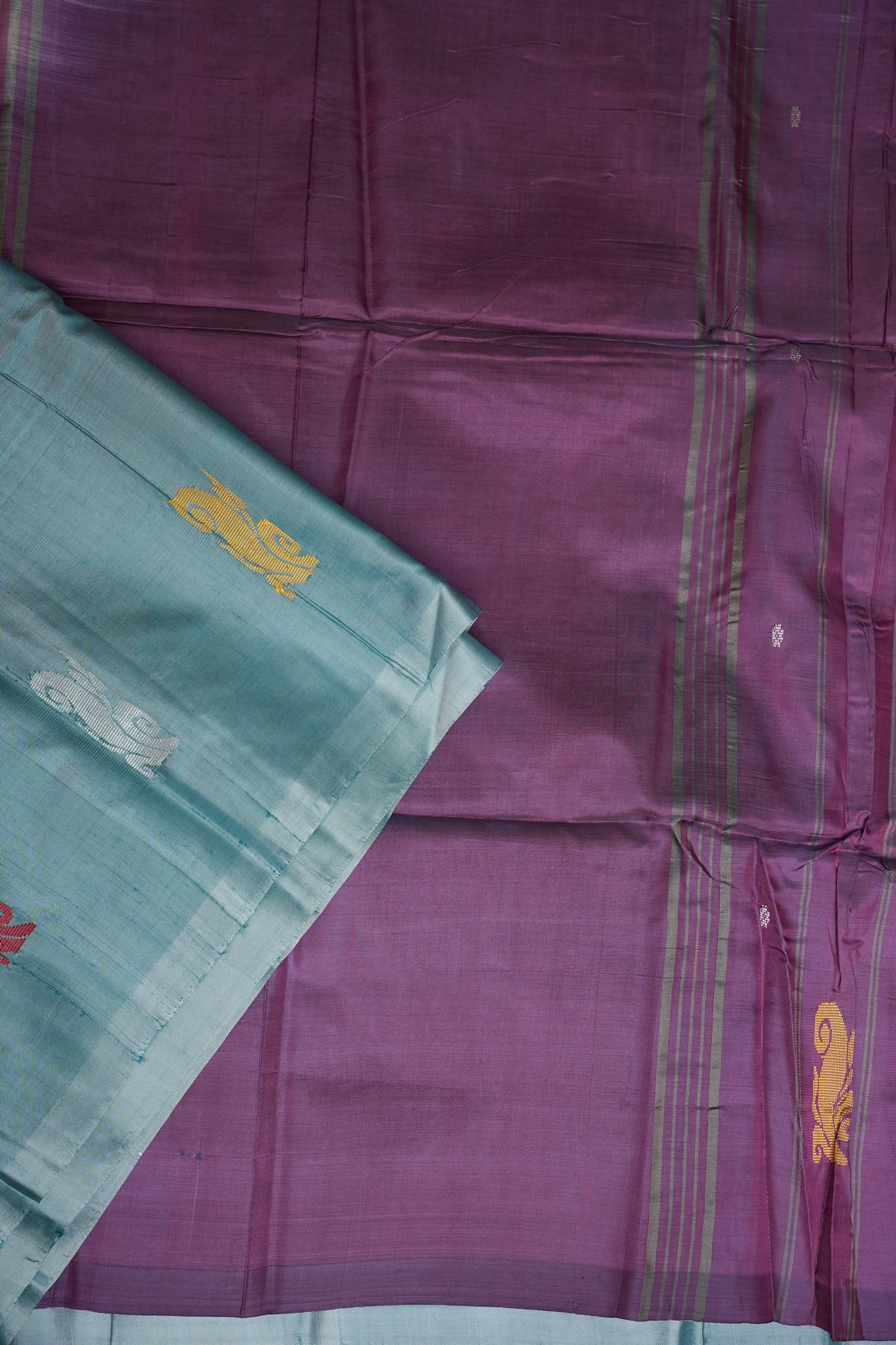 Vegan Saree with Woven Bird Motifs – Sky Blue & Purple