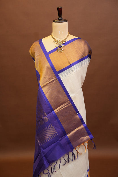 Pure Kuppadam Korvai Silk Cotton Pattu Saree-Ivory & Royal Blue