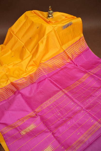 Vegan Saree with Contrast Pallu – Mustard Yellow & Pink