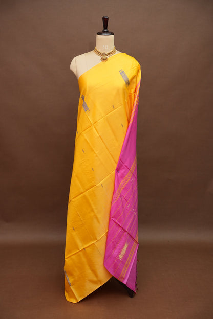 Vegan Saree with Contrast Pallu – Mustard Yellow & Pink
